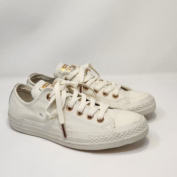 Converse All Star Cream Leather Sneakers Women 7 Men 5 Low Top Lace Up Casual - Picture 1 of 9